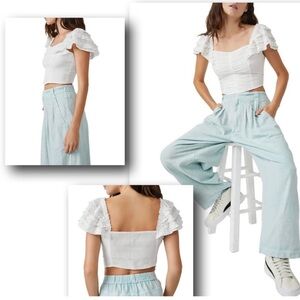 Free People White Smocked Cotton Crop Top Large